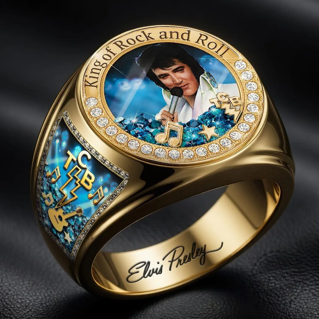 Elvis Presley King of Rock and Roll Gold Tone Diamond Accented Ring