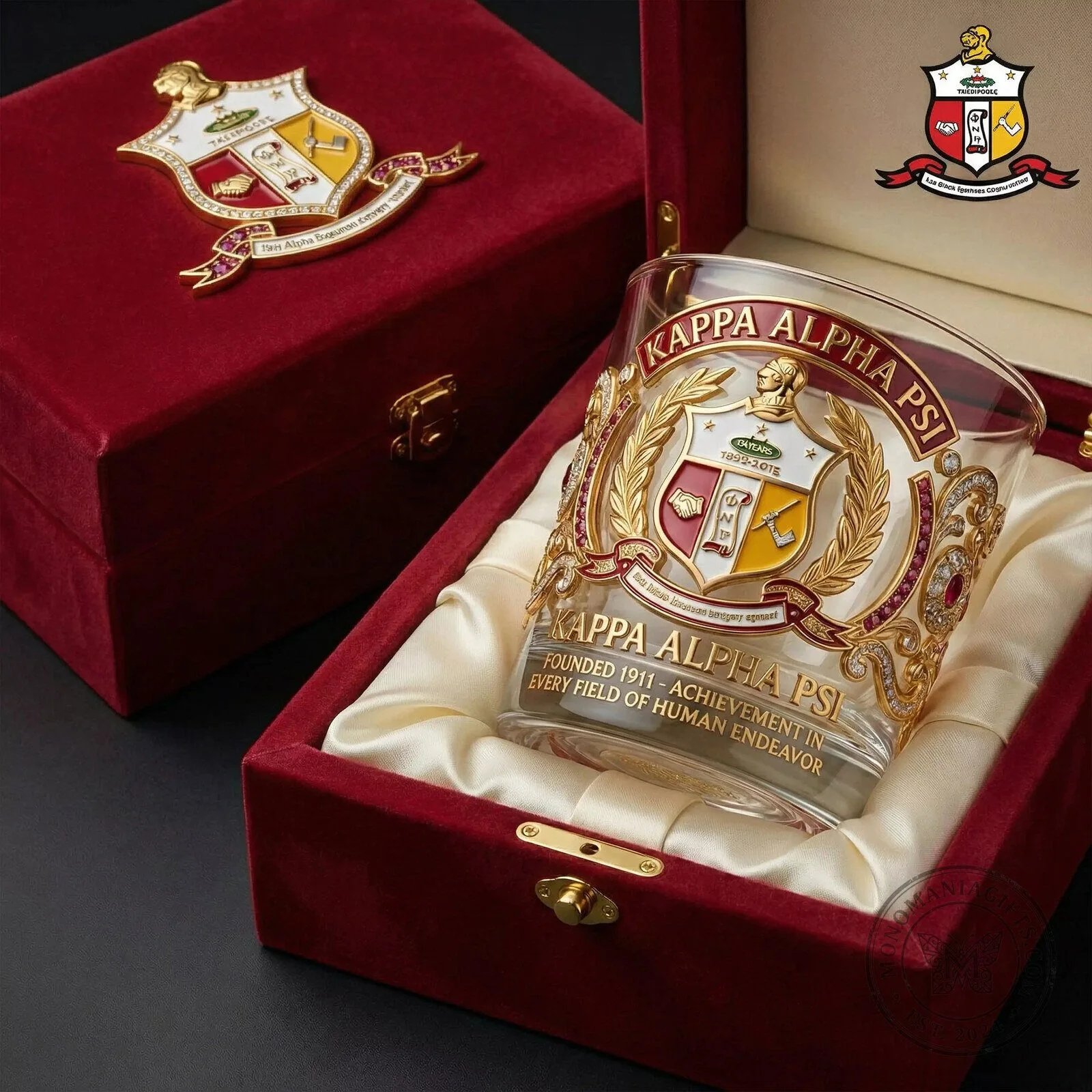 Kappa Alpha Psi Fraternity Crest Gold Embellished Whiskey Drinking Glass