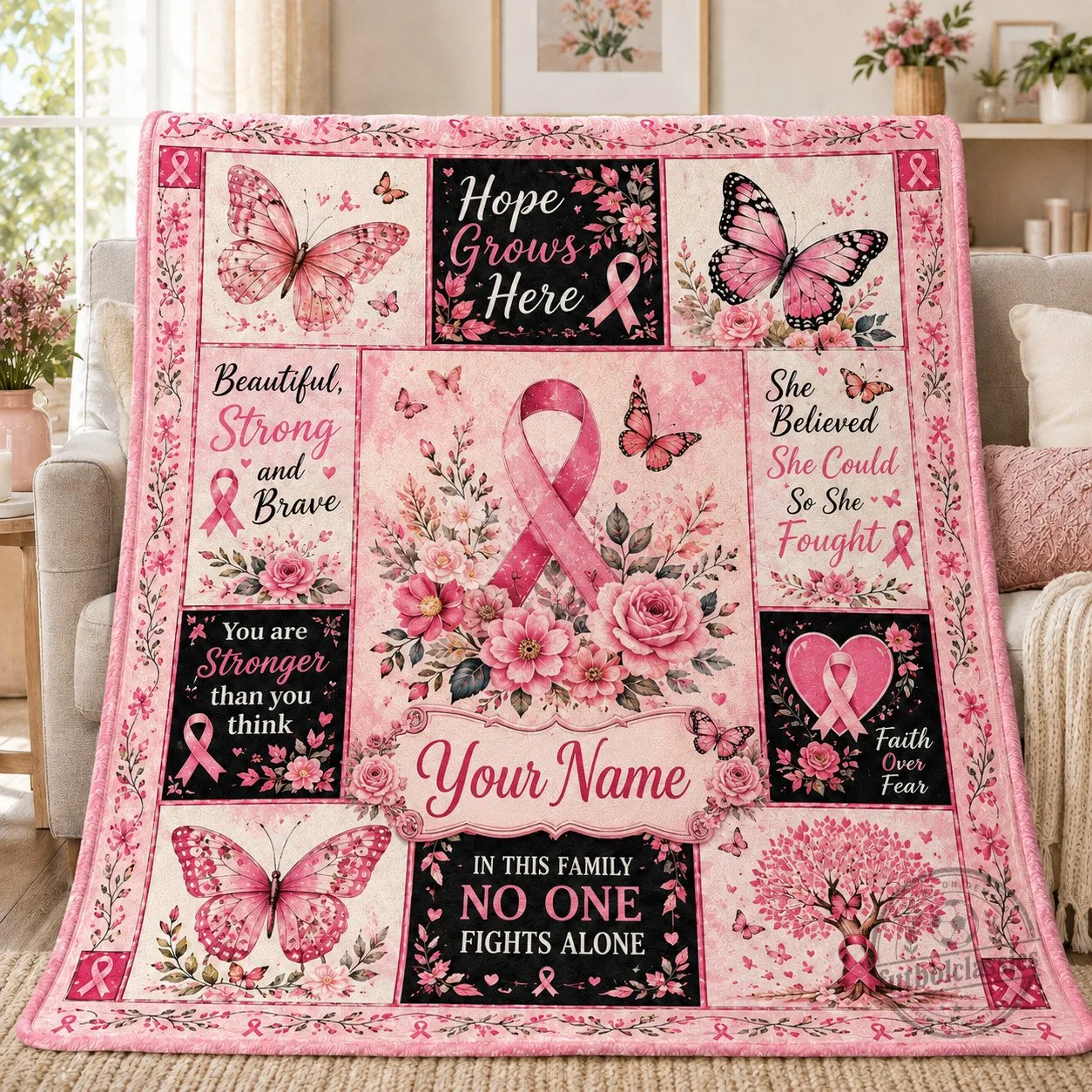 Personalized Breast Cancer Awareness Pink Ribbon Floral Butterflies Blanket