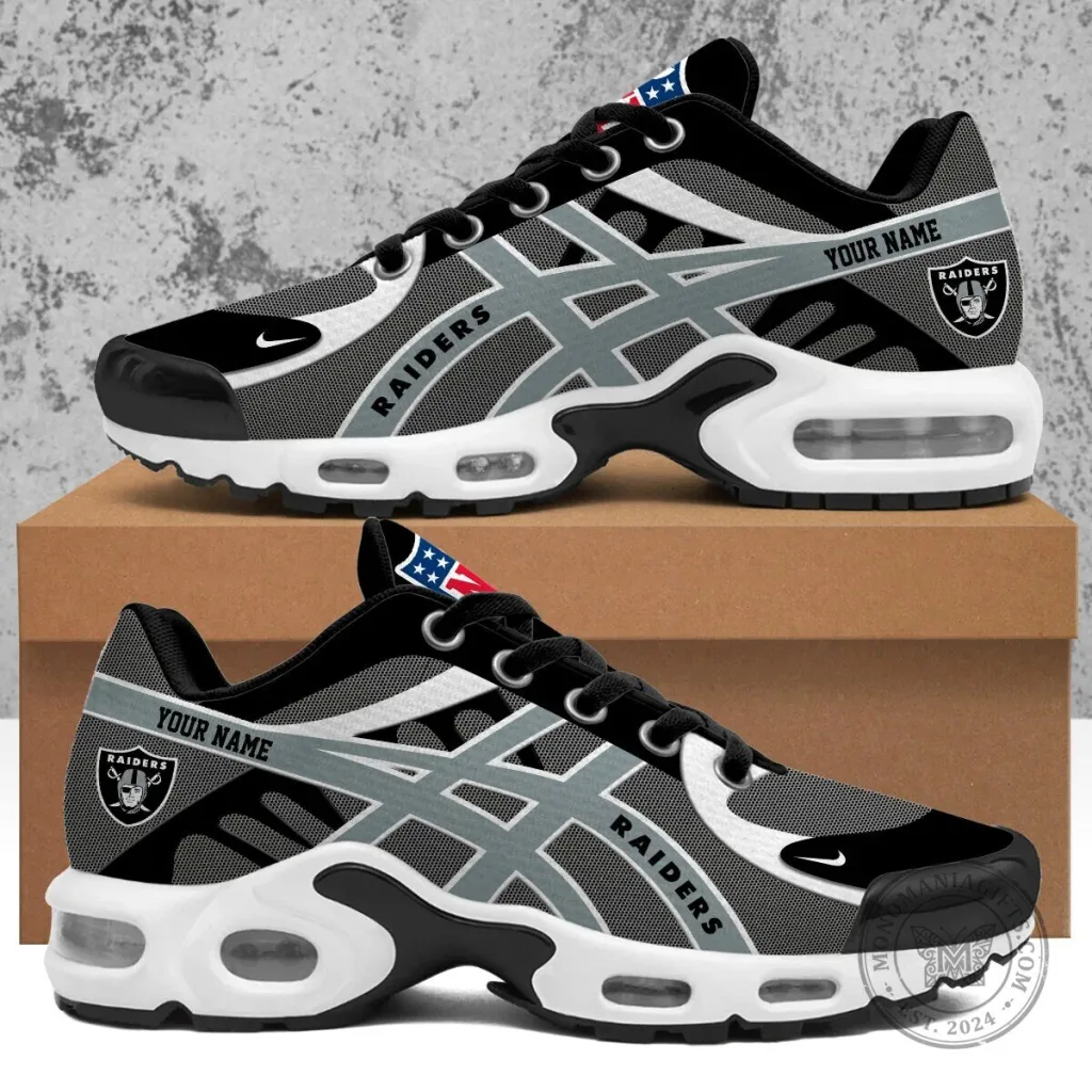 Las Vegas Raiders Personalized Black and Gray Air Max Running Shoes Las Vegas Raiders Personalized Black and Gray Air Max Running Shoes