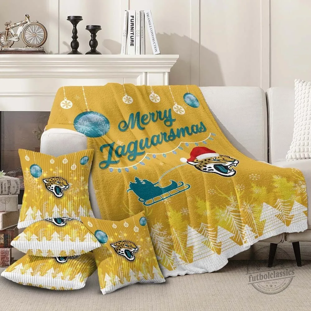 Jacksonville Jaguars Merry Jaguarsmas Christmas Fleece Blanket and Throw Pillow Set