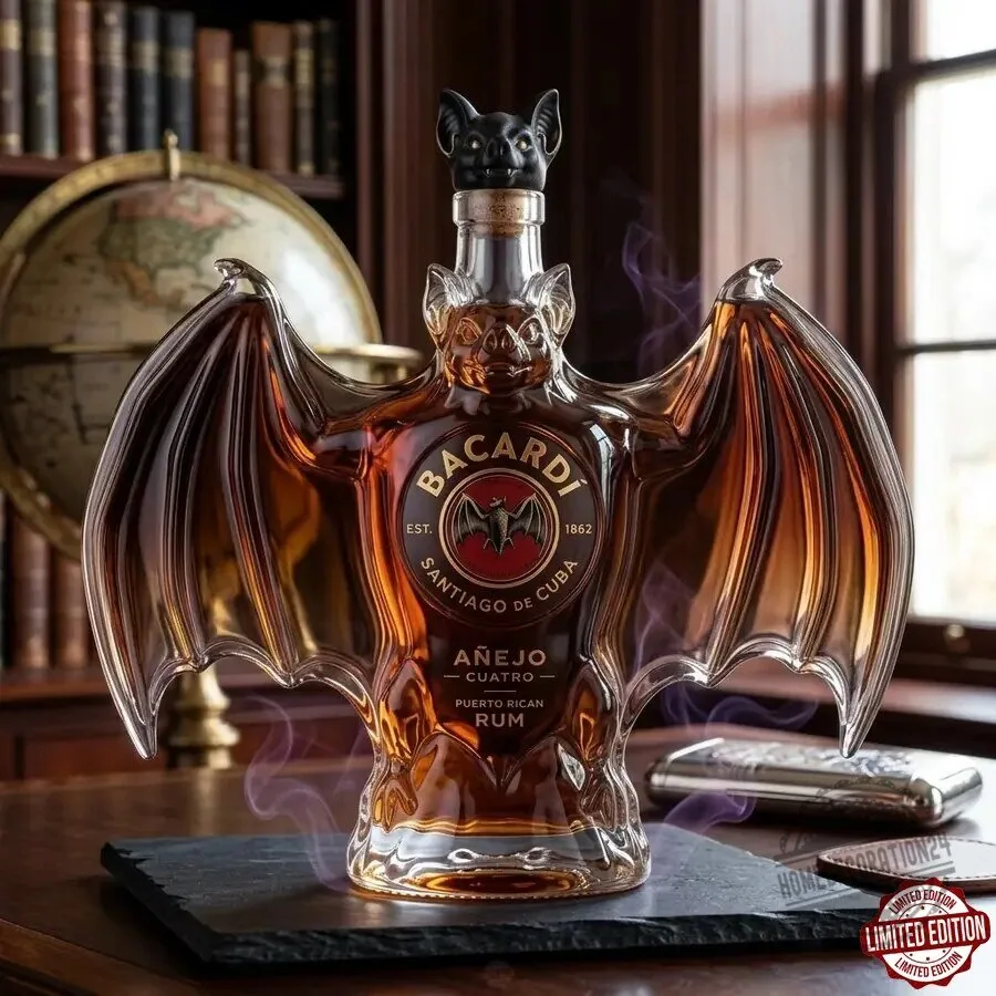 Bacardi Rum Bat Sculpted Glass Decanter with Wings and Stopper