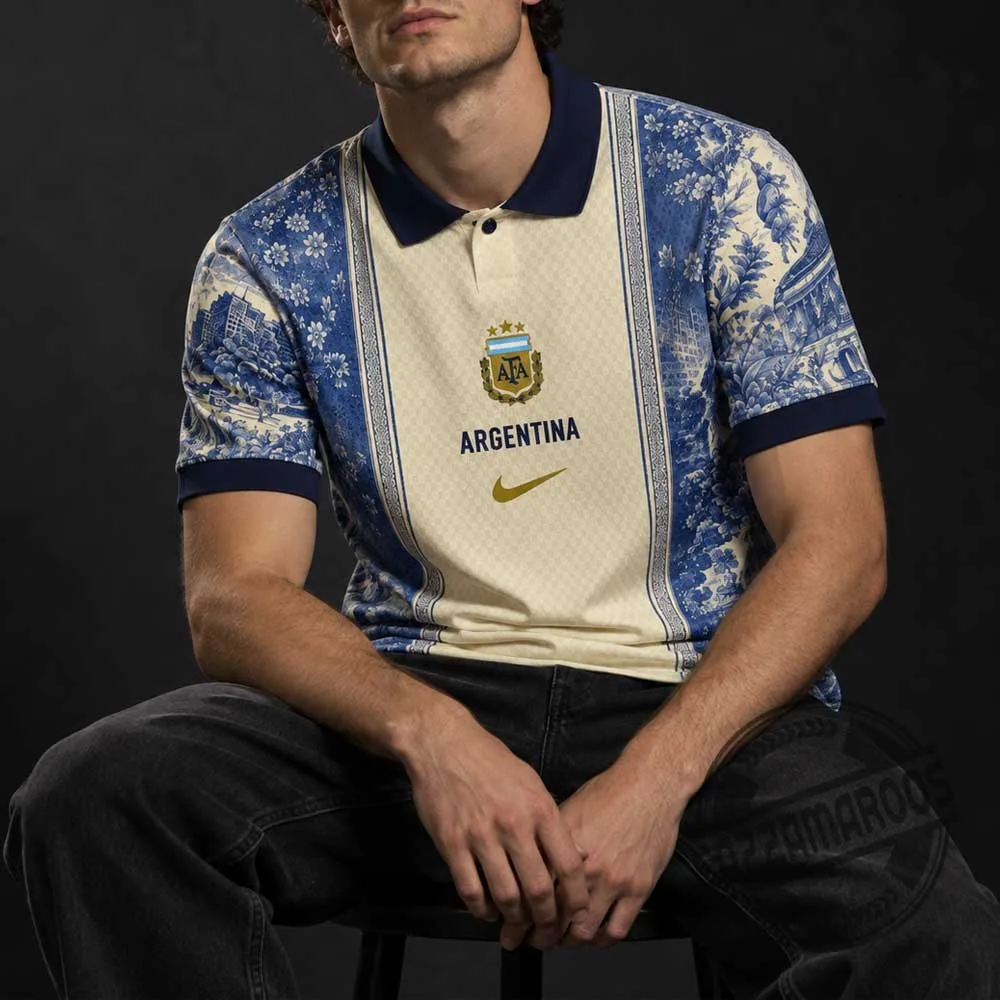 Argentina Vintage Porcelain Floral 3 Stars Concept Polo Soccer Jersey Shirt (2) Argentina Vintage Porcelain Floral 3 Stars Concept Polo Soccer Jersey Shirt – image 2 of 3