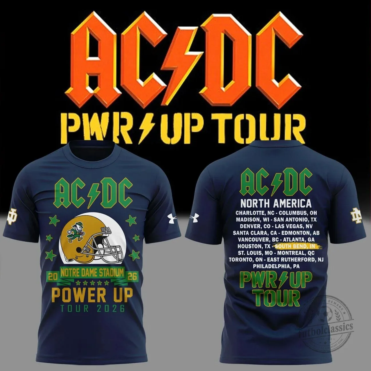 AC/DC 2026 Power Up Tour T-Shirt for Notre Dame Football Fans