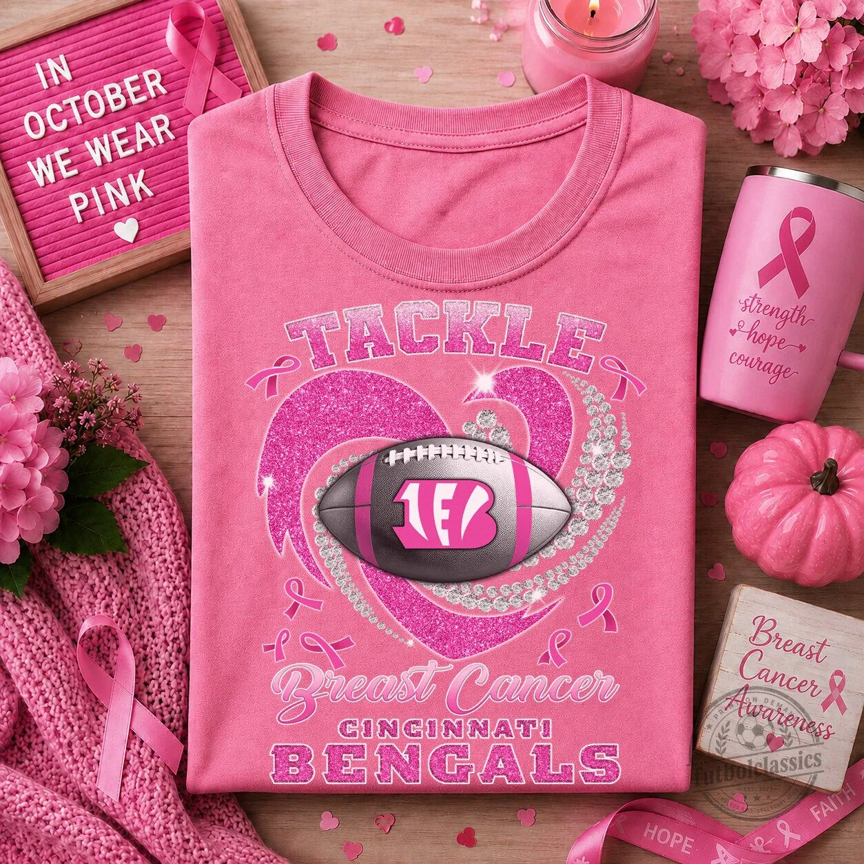 Cincinnati Bengals Breast Cancer Awareness Pink Ribbon Football T-Shirt