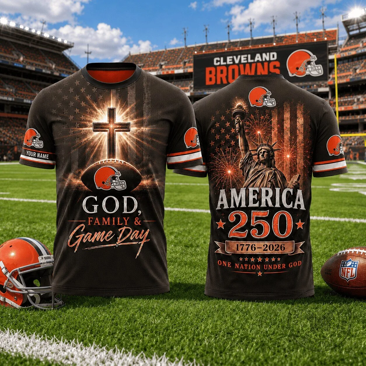 Cleveland Browns Football God Family Game Day America 250th Anniversary T-Shirt