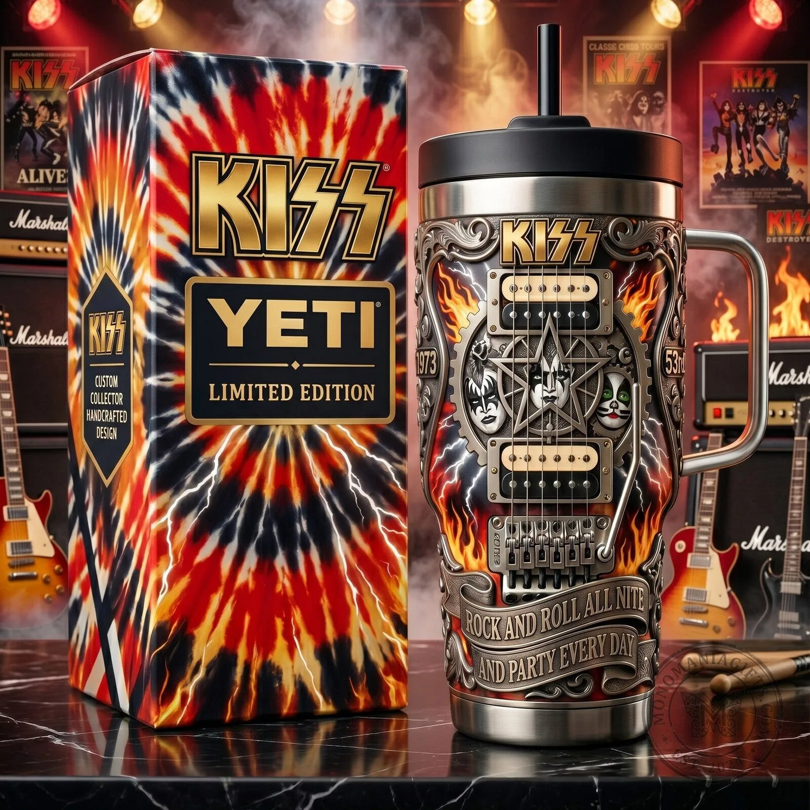 KISS Rock and Roll All Nite and Party Every Day Stainless Steel Tumbler with Handle