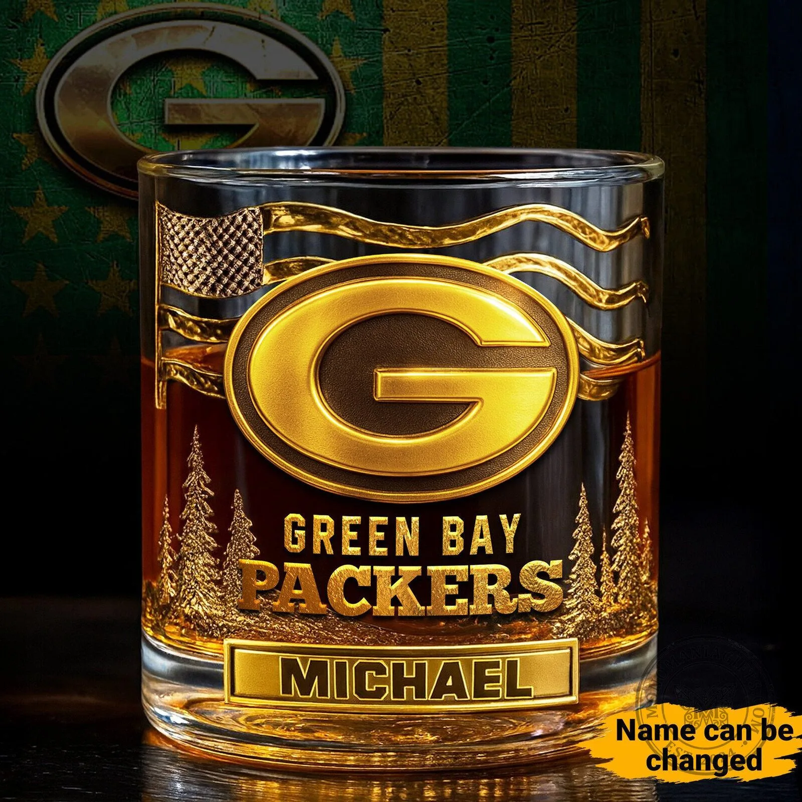 Green Bay Packers Personalized Whiskey Glass with American Flag Design