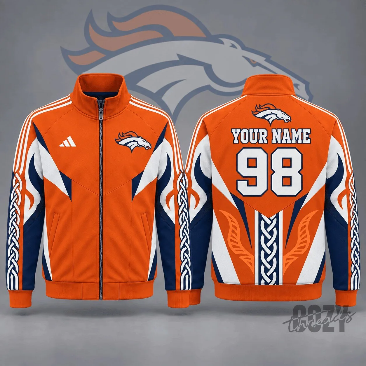 Denver Broncos NFL Personalized Tribal Orange and Navy Zip Up Jacket