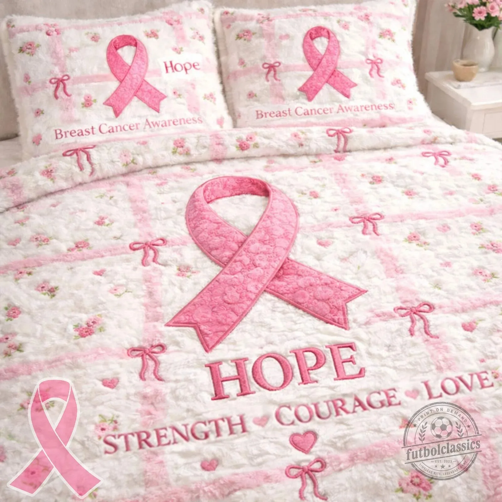 Breast Cancer Awareness Hope Strength Courage Love Quilted Bedding Set