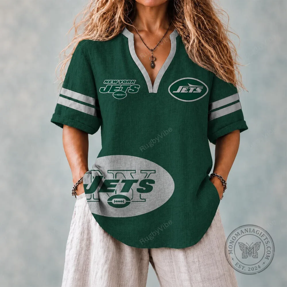 New York Jets Women's Rugby Style V-Neck Short Sleeve Shirt