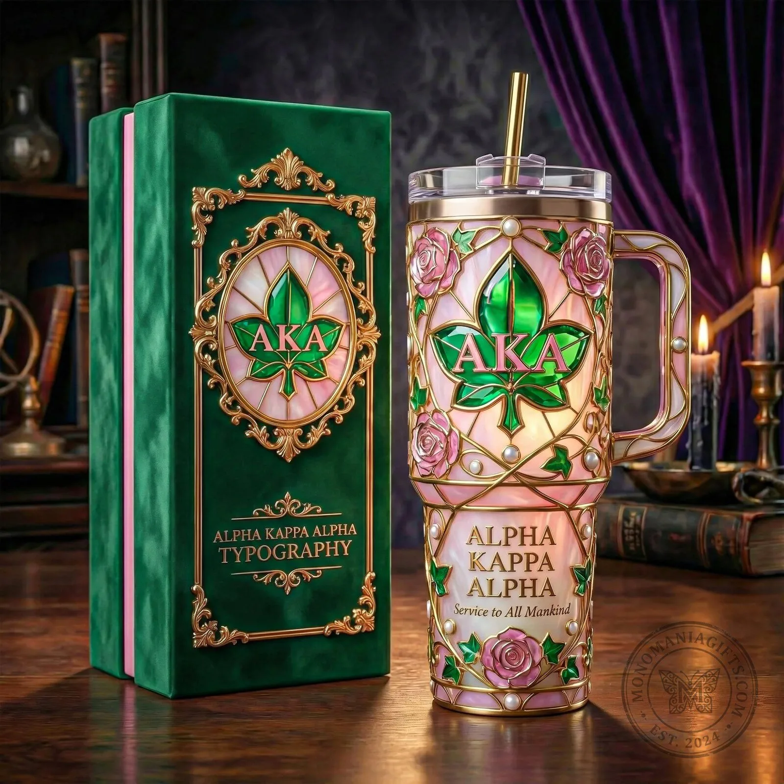Insulated Tumbler with Handle featuring Stained Glass Design for Alpha Kappa Alpha Sorority
