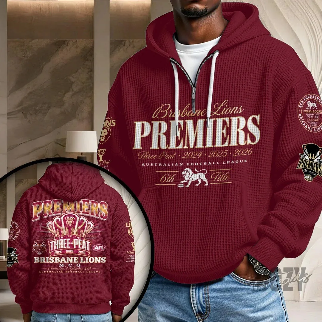 Brisbane Lions AFL Premiers Three-Peat 2024-2026 Full-Zip Hoodie