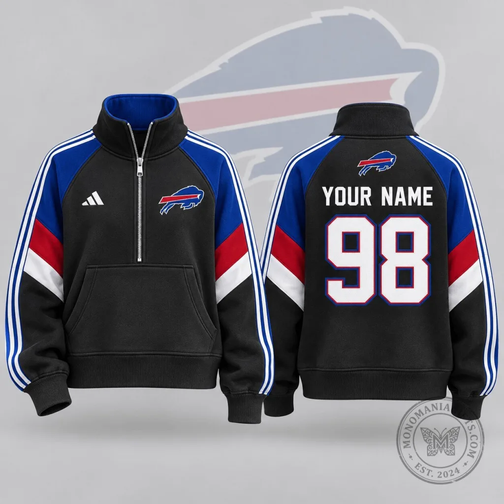 Buffalo Bills NFL Team Crest Custom Name Number Half Zip Pullover Sweatshirt Buffalo Bills NFL Team Crest Custom Name Number Half Zip Pullover Sweatshirt