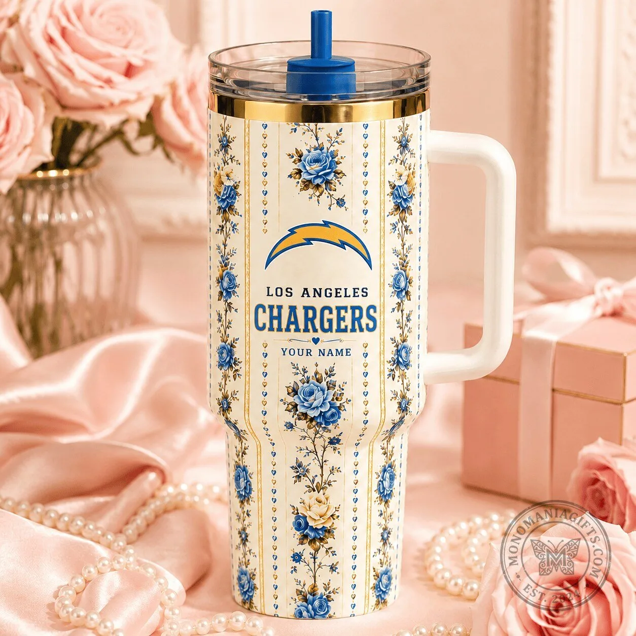 Los Angeles Chargers Floral Pattern Stainless Steel Insulated Tumbler with Handle
