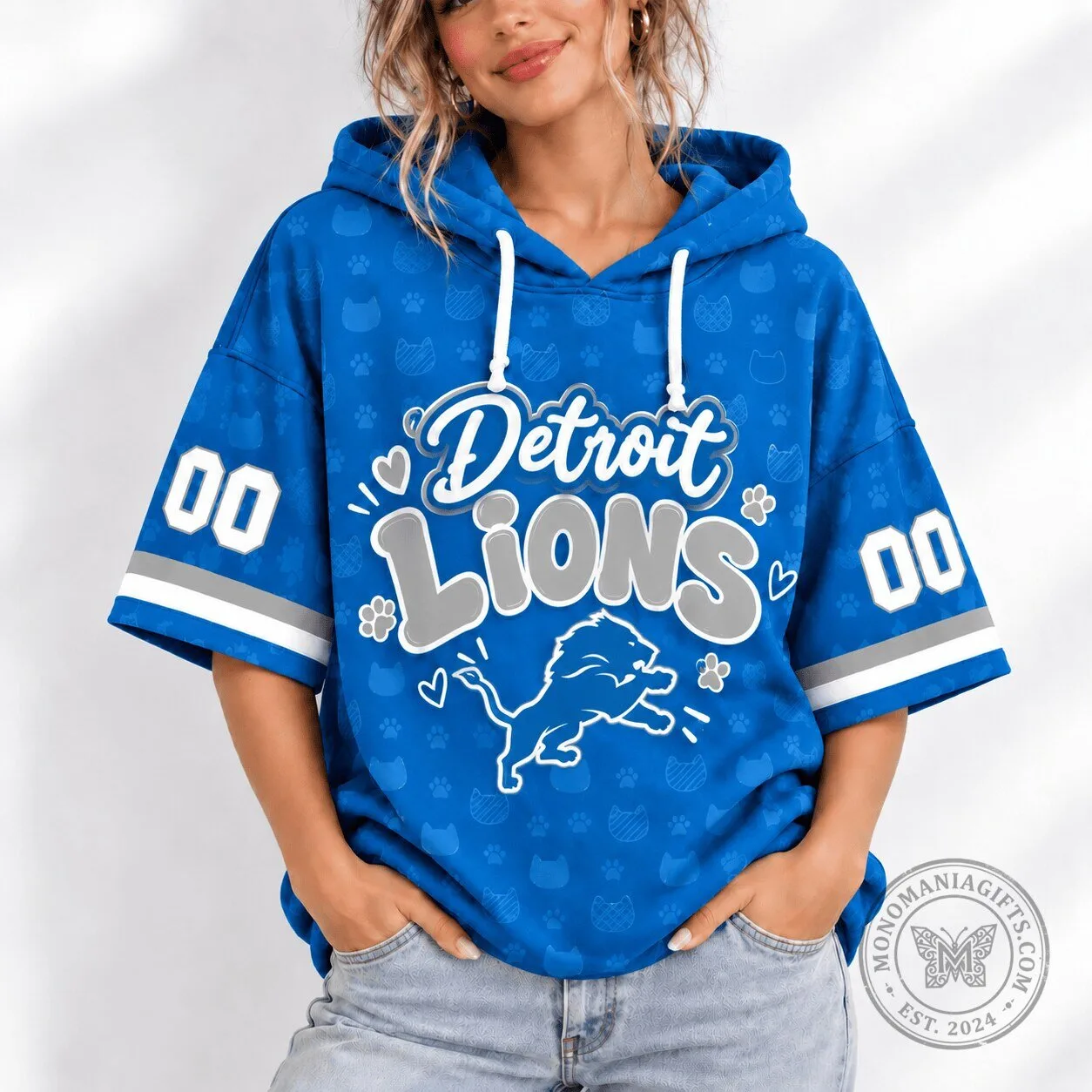 Detroit Lions Football Team Cute Paw Print Short Sleeve Hoodie
