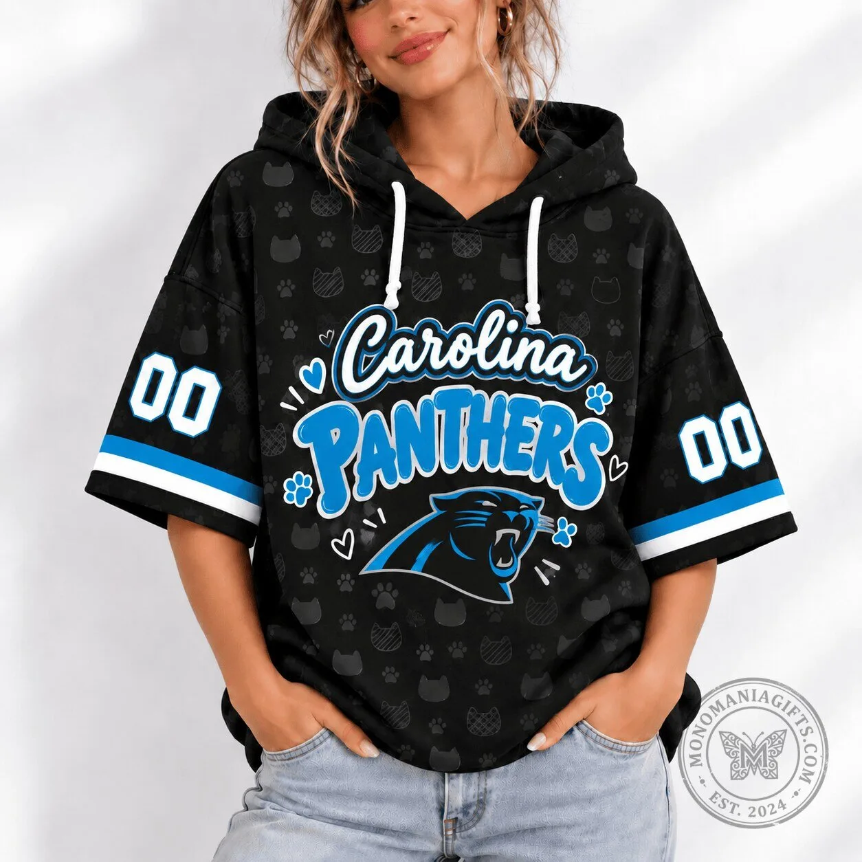Carolina Panthers Football Team Black Short Sleeve Hoodie for Women