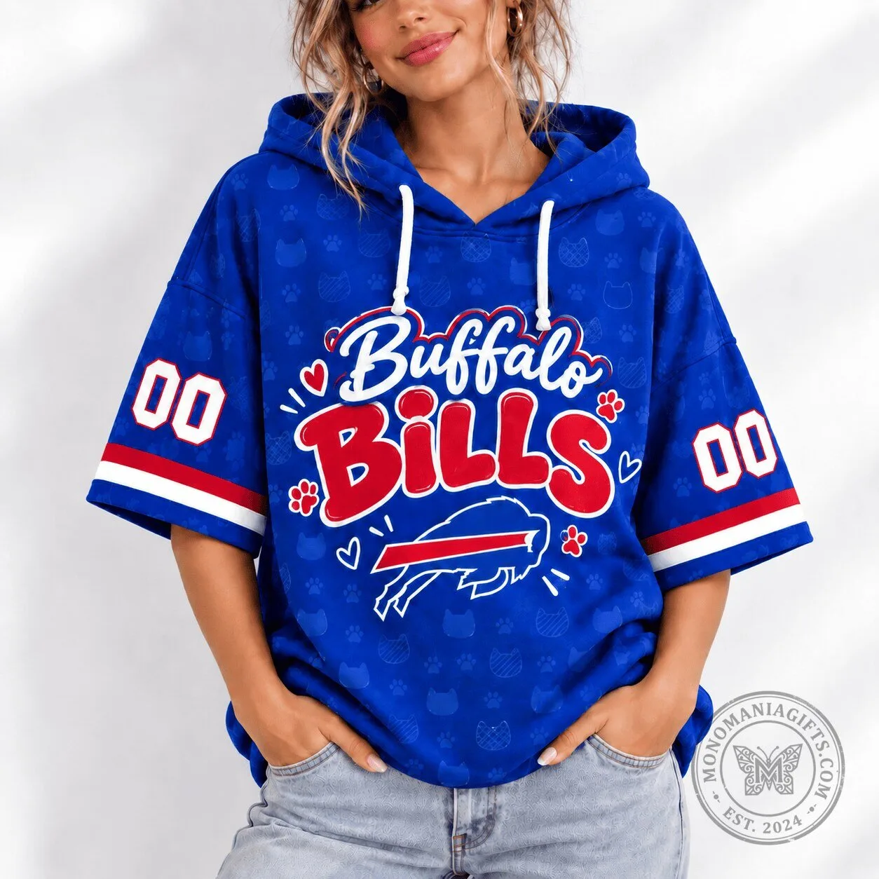 Buffalo Bills Football Team Blue Short Sleeve Hoodie for Women