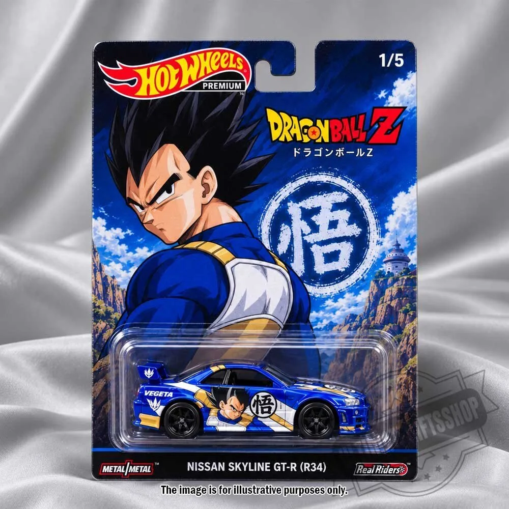 Hot Wheels Premium Dragon Ball Z Nissan Skyline GT-R R34 Vegeta Real Riders 3 Hot Wheels Premium Dragon Ball Z Nissan Skyline GT-R R34 Vegeta Real Riders