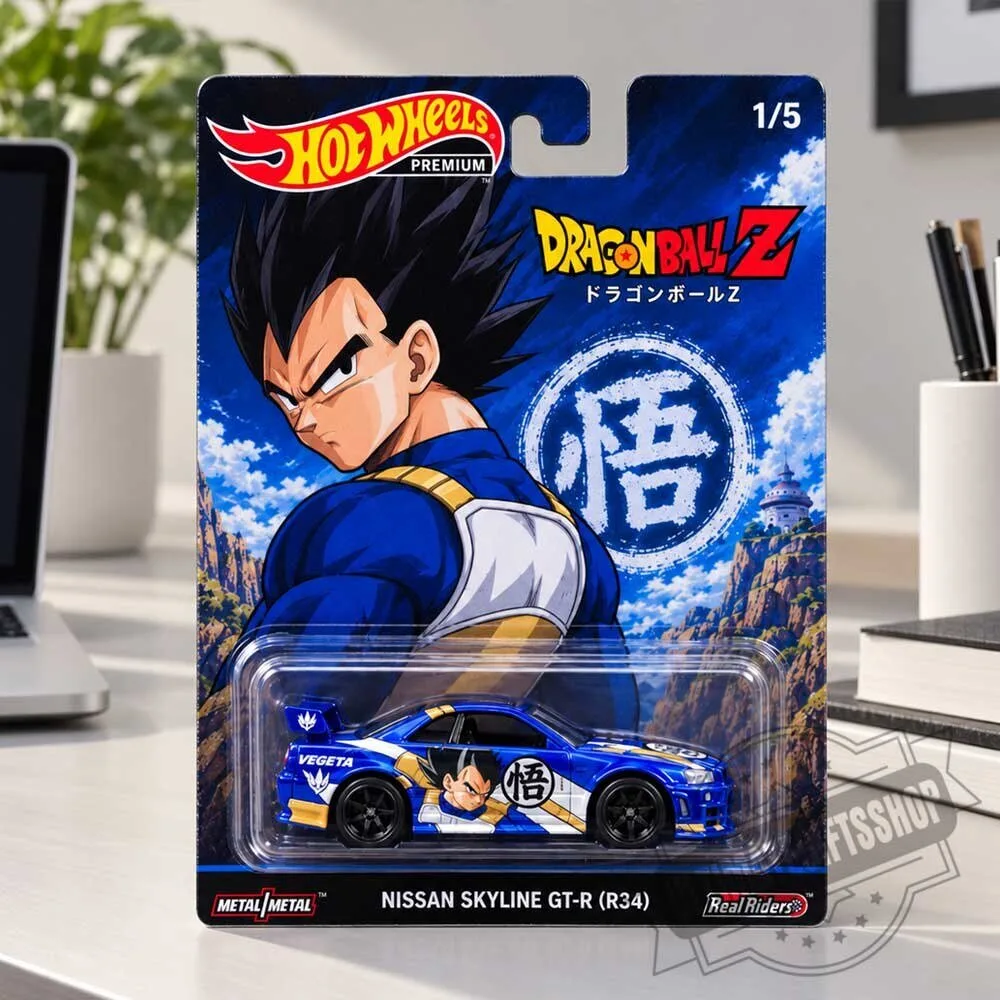 Hot Wheels Premium Dragon Ball Z Nissan Skyline GT-R R34 Vegeta Real Riders 4 Hot Wheels Premium Dragon Ball Z Nissan Skyline GT-R R34 Vegeta Real Riders