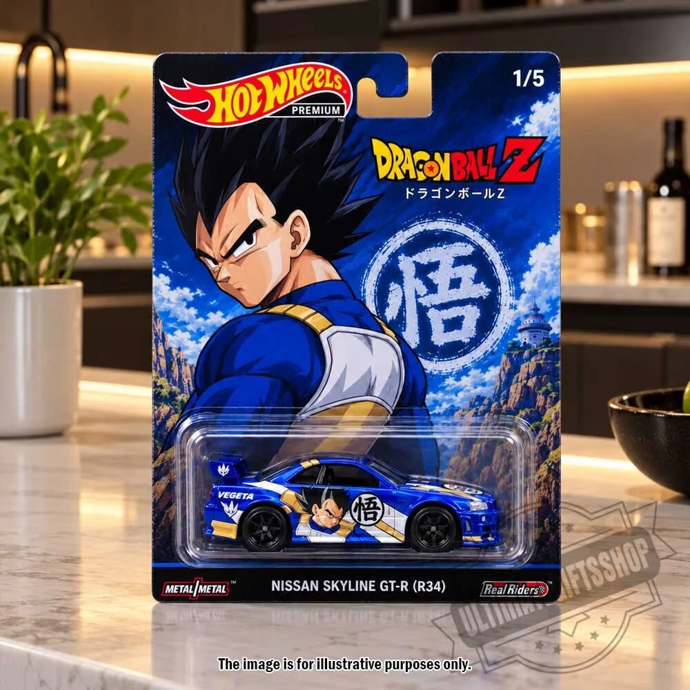 Hot Wheels Premium Dragon Ball Z Nissan Skyline GT-R R34 Vegeta Real Riders 5 Hot Wheels Premium Dragon Ball Z Nissan Skyline GT-R R34 Vegeta Real Riders