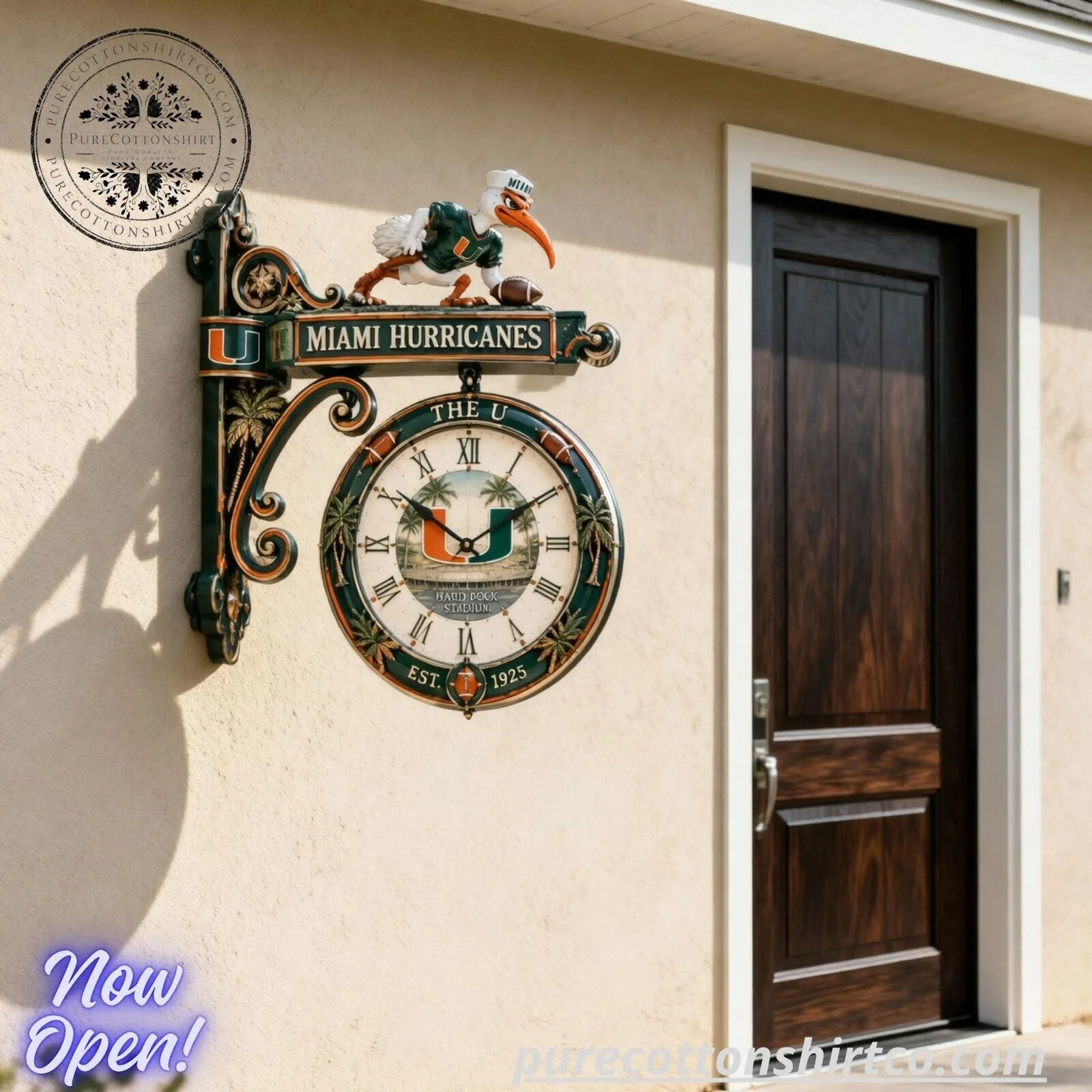 Miami Hurricanes Wall Mounted Clock – Vintage Double Sided Outdoor Bracket Clock 3 Miami Hurricanes Wall Mounted Clock – Vintage Double Sided Outdoor Bracket Clock