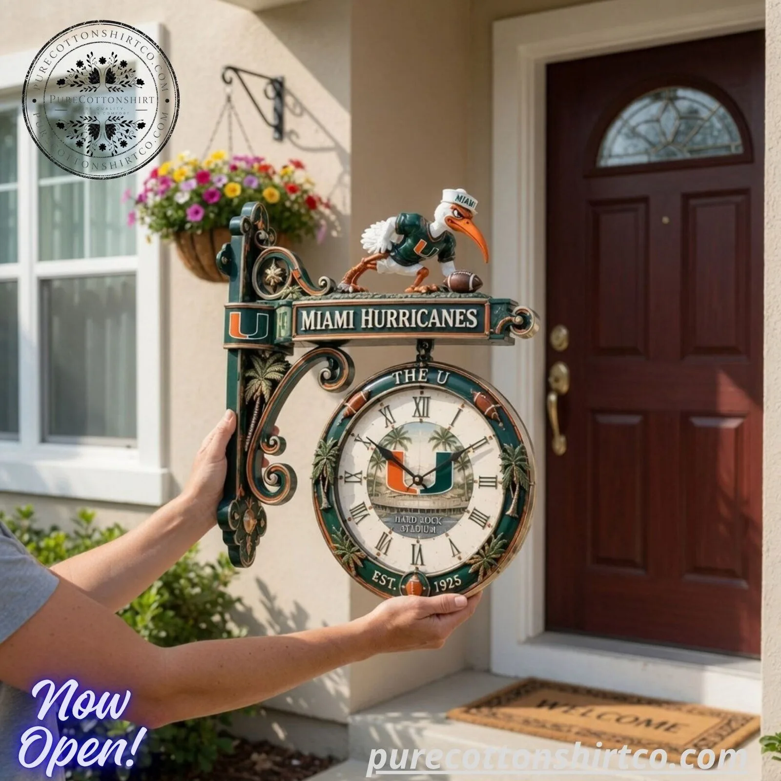 Miami Hurricanes Wall Mounted Clock – Vintage Double Sided Outdoor Bracket Clock 4 Miami Hurricanes Wall Mounted Clock – Vintage Double Sided Outdoor Bracket Clock