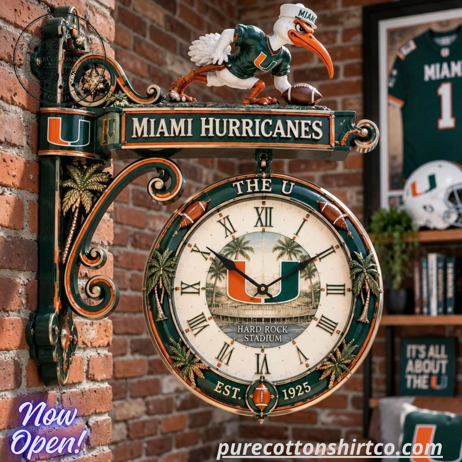 Miami Hurricanes Wall Mounted Clock – Vintage Double Sided Outdoor Bracket Clock 5 Miami Hurricanes Wall Mounted Clock – Vintage Double Sided Outdoor Bracket Clock