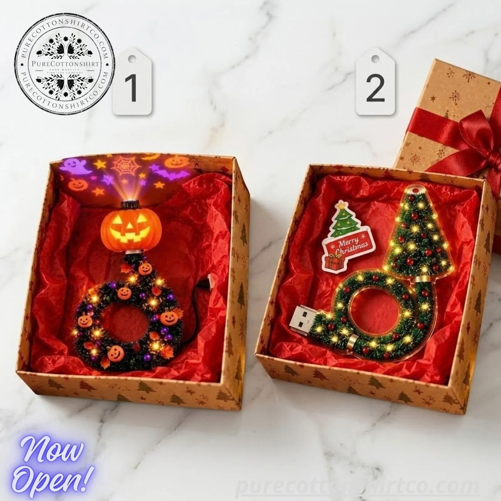 Halloween Pumpkin & Christmas Tree LED USB Projection Light – Holiday Festive Night Light Set