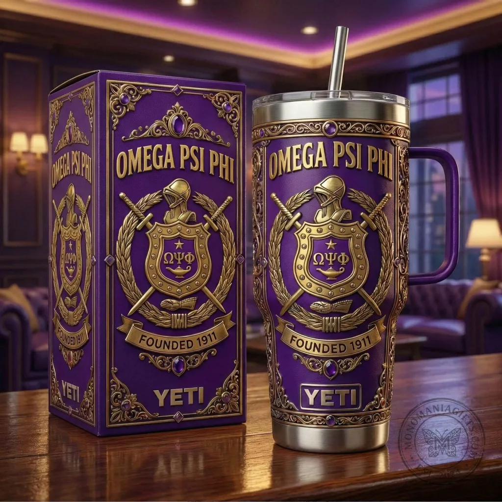 Omega Psi Phi Fraternity Founded 1911 Purple and Gold Tumbler with Handle
