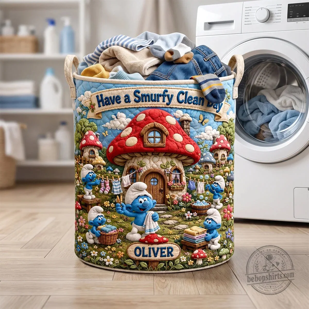 Personalized Smurfs Have a Smurfy Clean Day Quilted Laundry Basket