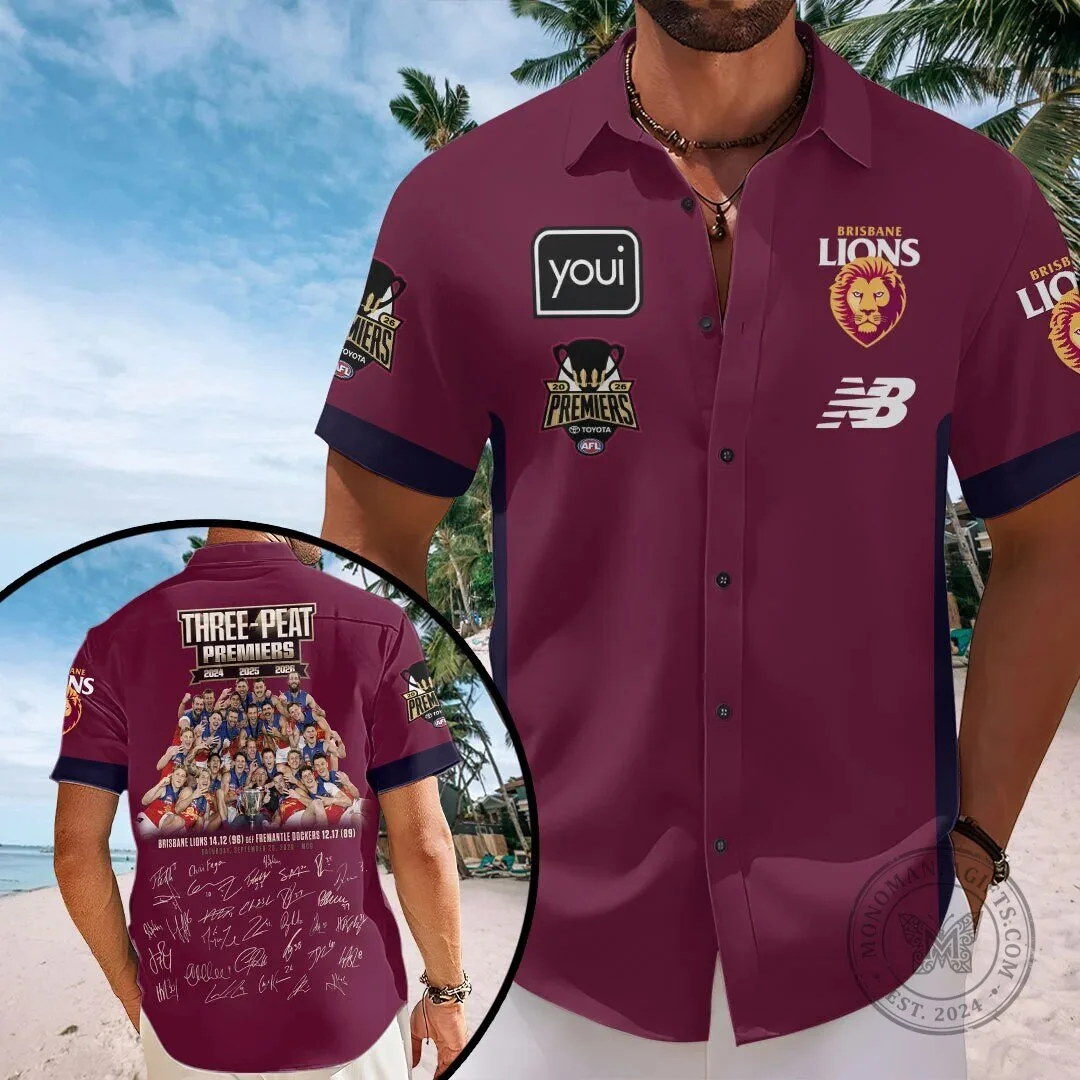 Brisbane Lions AFL Premiers Three-Peat 2024 2025 2026 Hawaiian Shirt 1 Brisbane Lions AFL Premiers Three-Peat 2024 2025 2026 Hawaiian Shirt