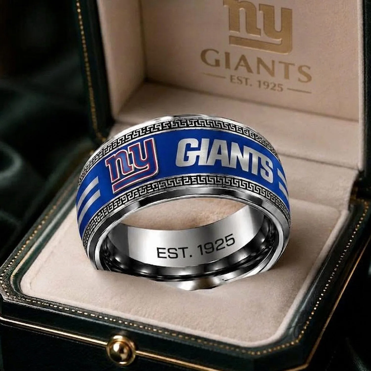 New York Giants NFL Team Logo Blue Band Ring with Est. 1925 Engraving