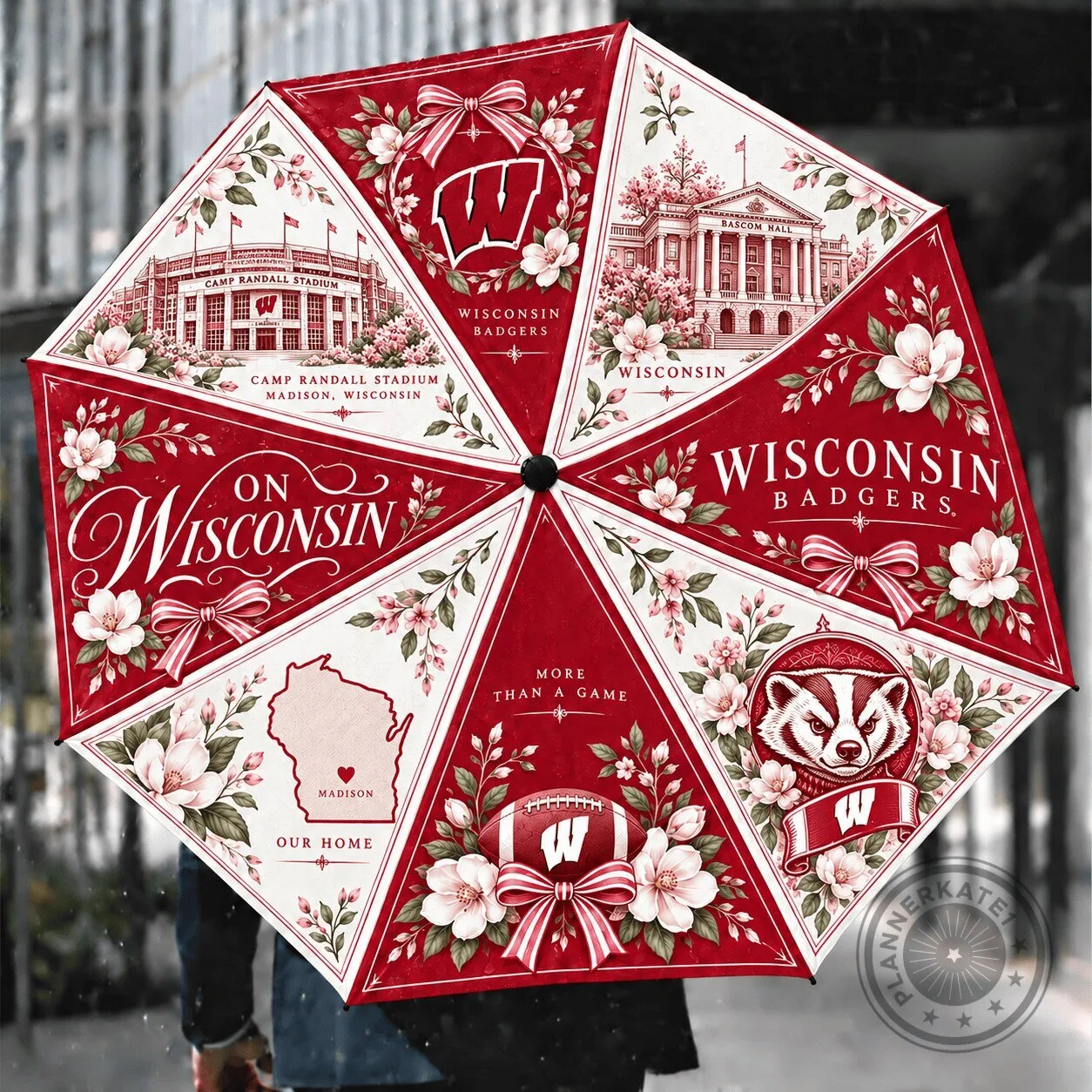 Wisconsin Badgers Floral Pattern Compact Folding Umbrella