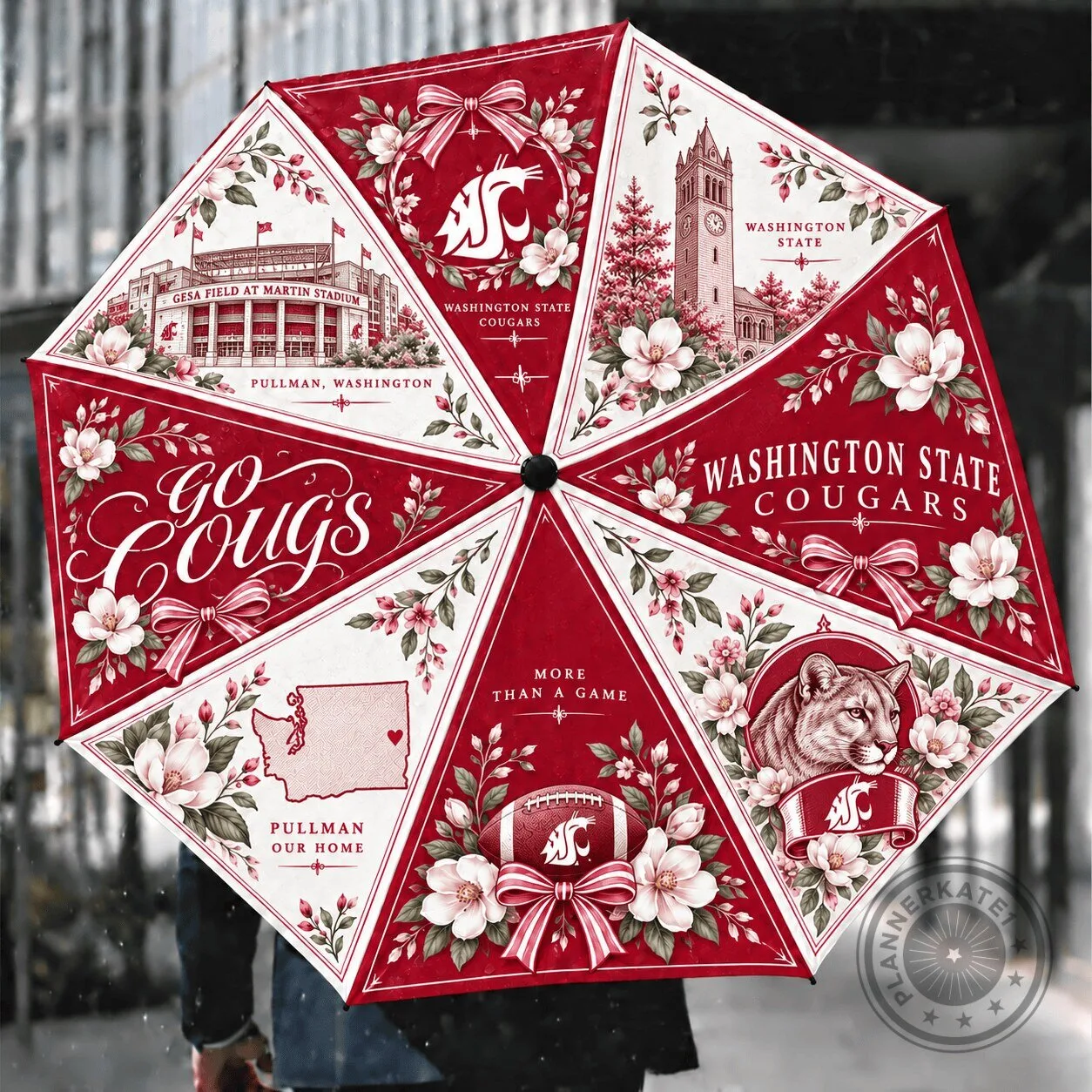 Washington State Cougars Floral Pattern Compact Folding Umbrella