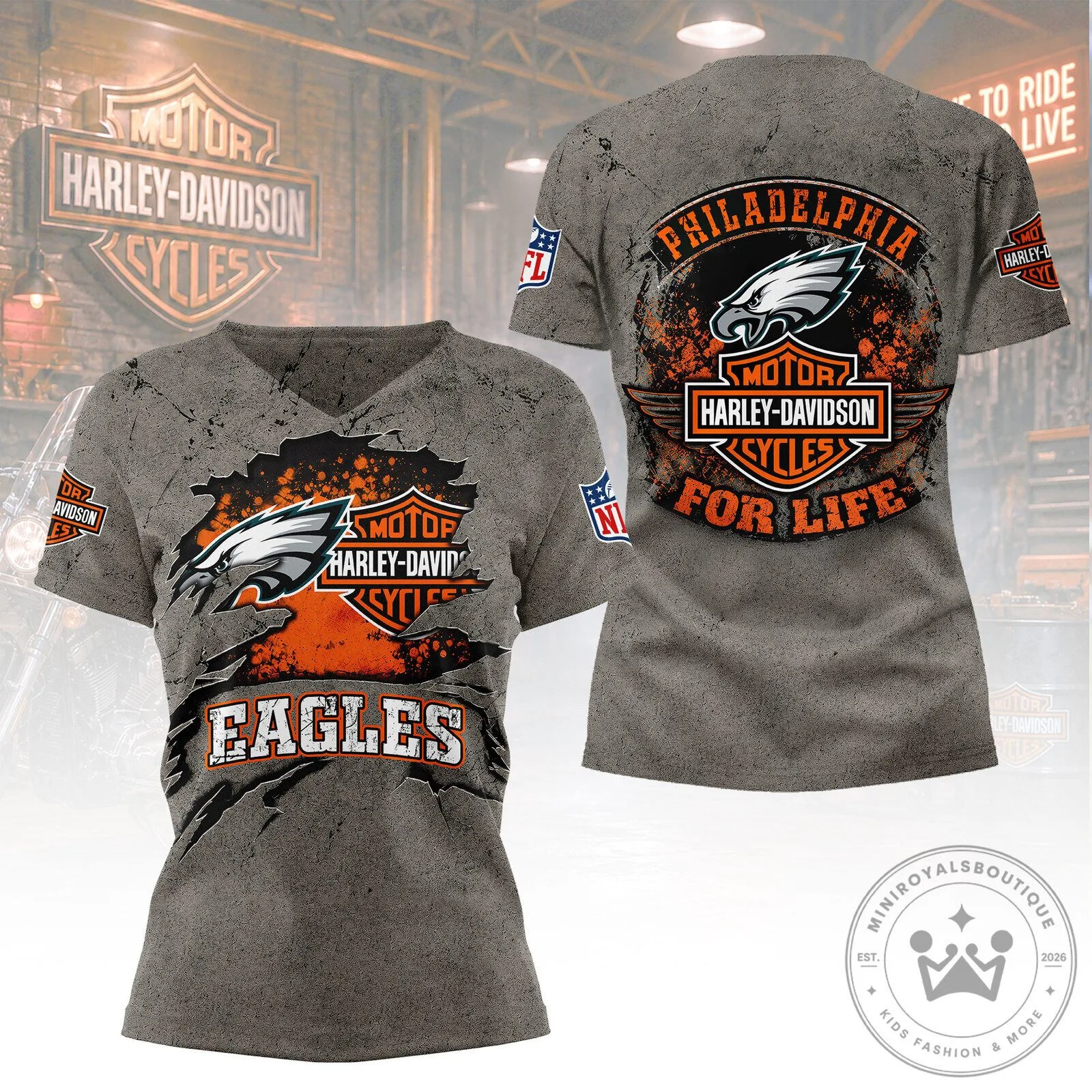 Philadelphia Eagles Harley-Davidson For Life Distressed Style T-Shirt