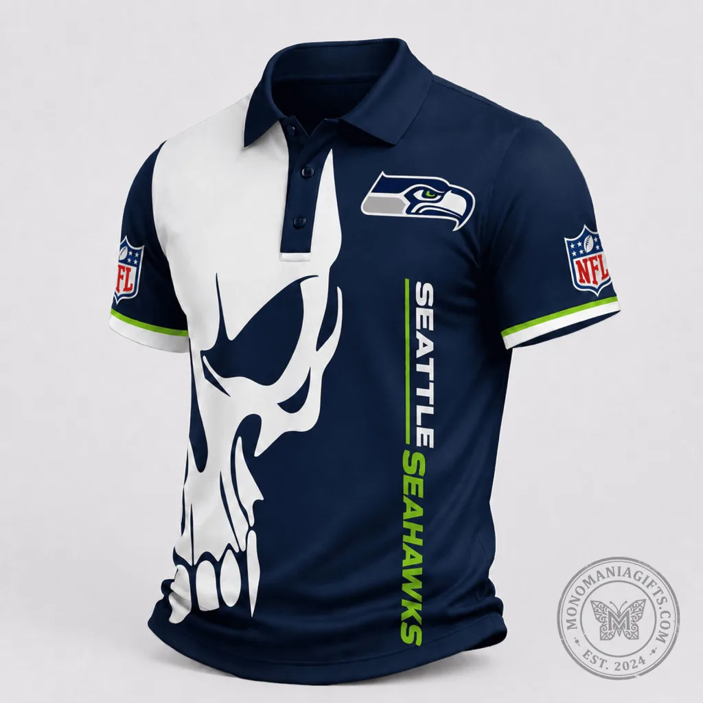 Seattle Seahawks Skull Design NFL Football Fan Polo Shirt