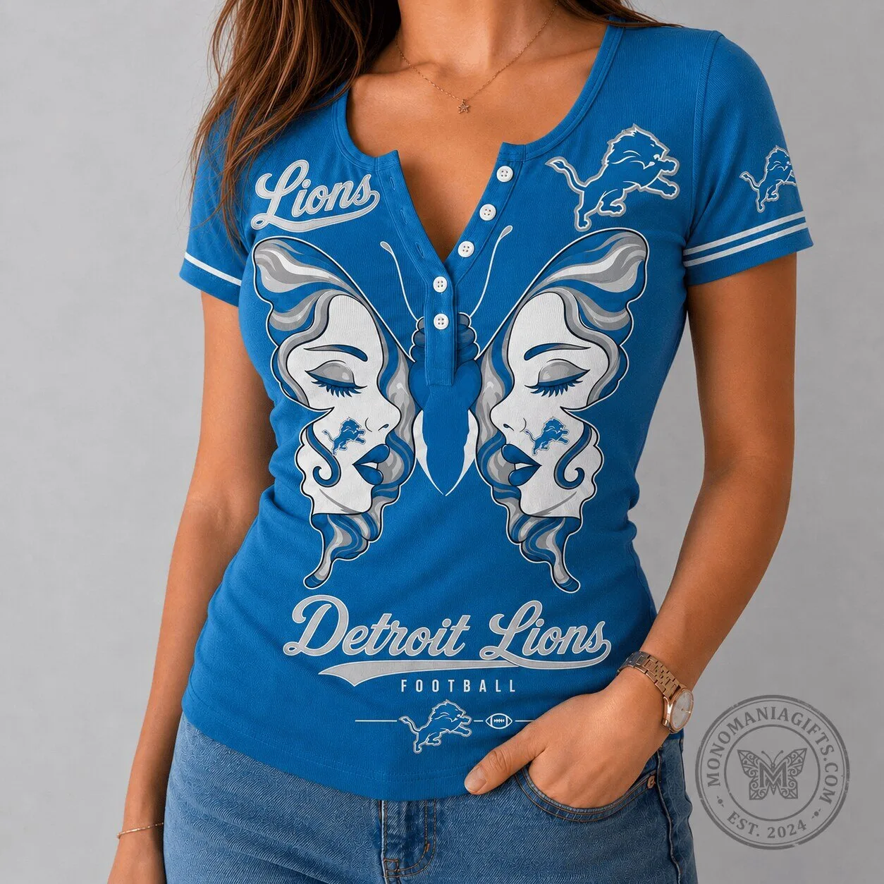 Detroit Lions Butterfly Wings Premium V-Neck T-Shirt for Women