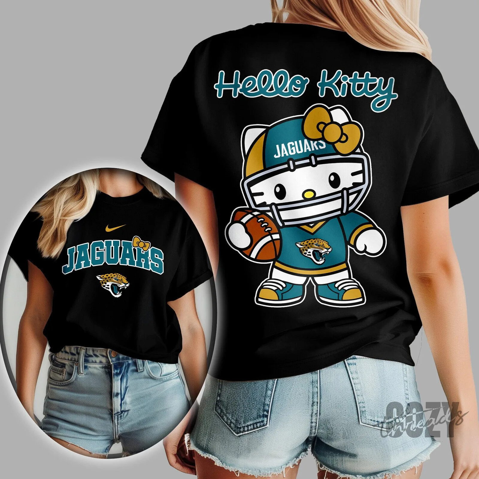 Jacksonville Jaguars Hello Kitty Football Player Graphic Black T-Shirt 1 Jacksonville Jaguars Hello Kitty Football Player Graphic Black T-Shirt