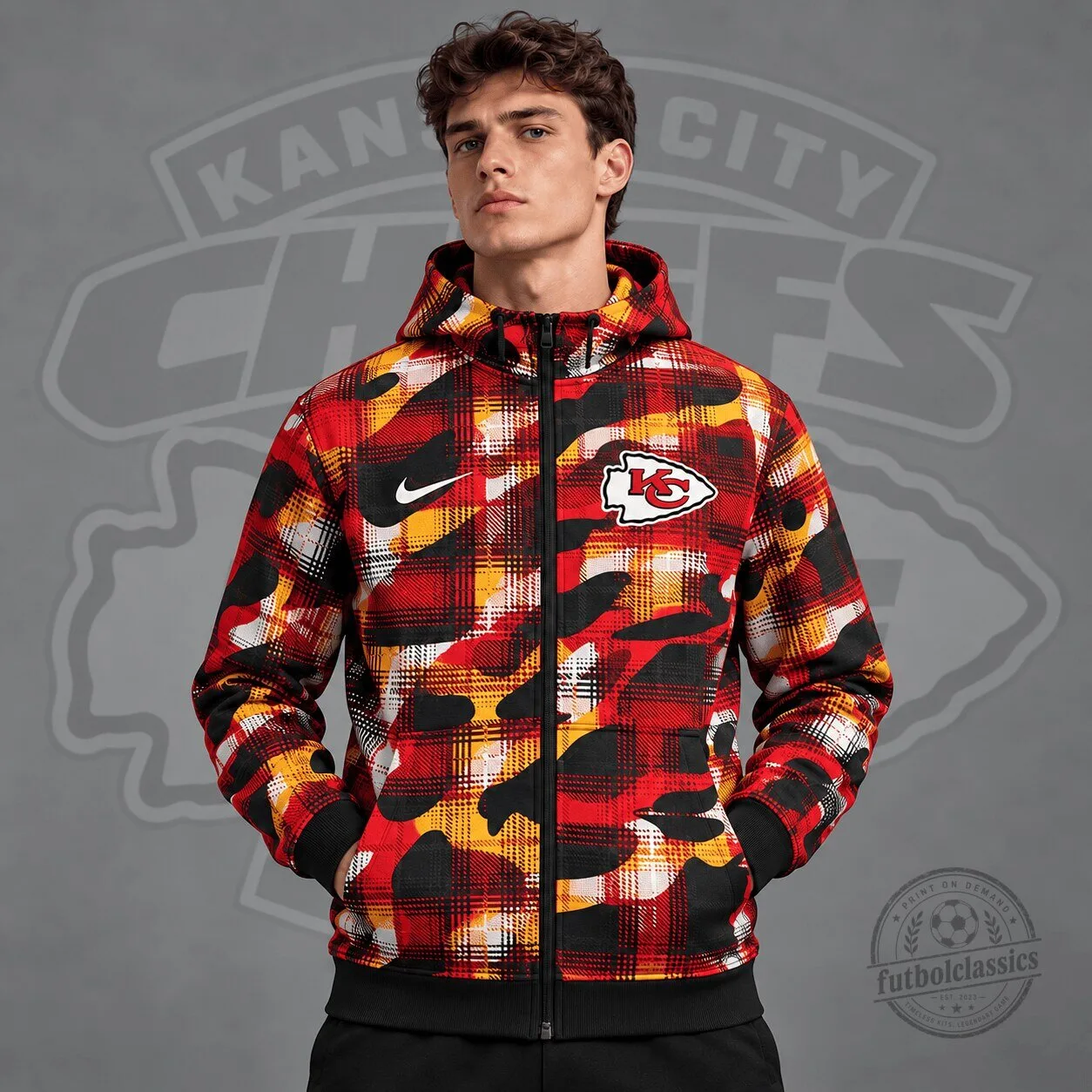 Kansas City Chiefs Plaid Camouflage Full Zip Hoodie NFL Football Team Apparel