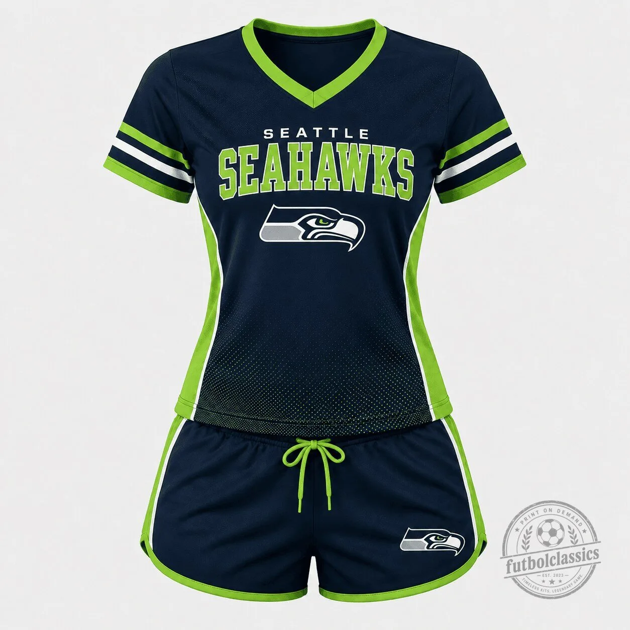 Pajama Set for Women: Seattle Seahawks V-Neck Shirt and Shorts for Football Fans
