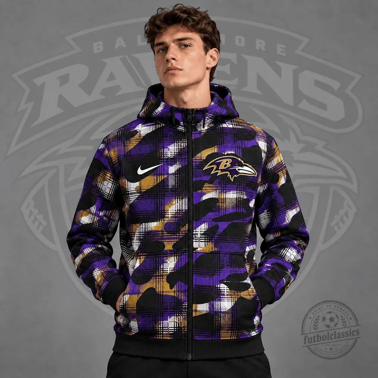 Baltimore Ravens Plaid Camouflage Full Zip Hooded Sweatshirt