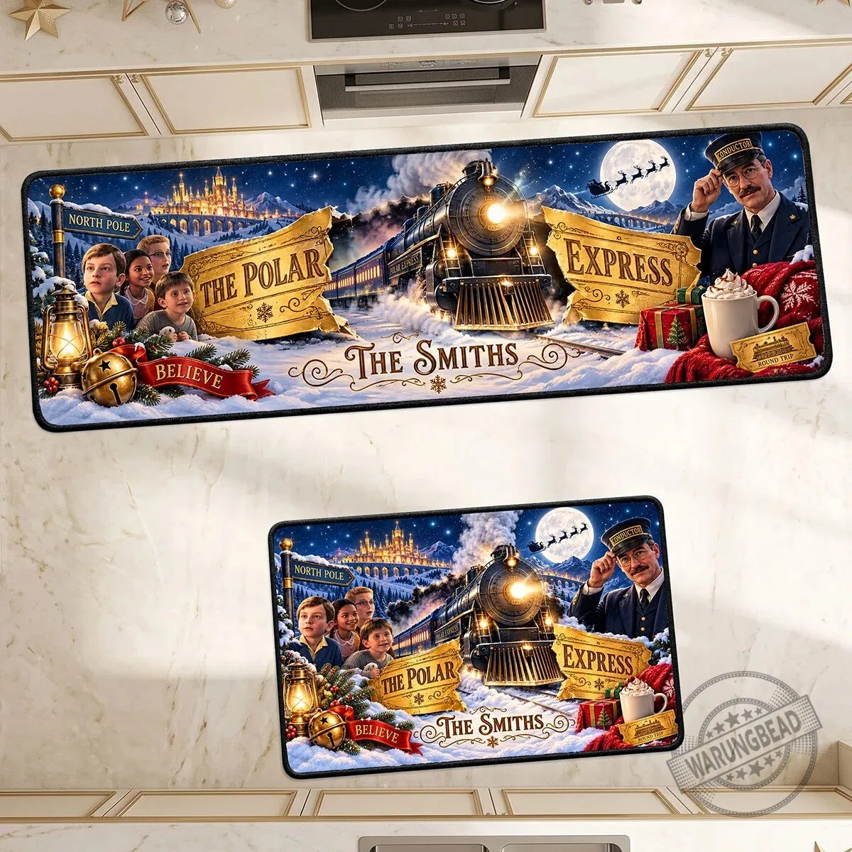The Polar Express Christmas Train Personalized Family Name Holiday Kitchen Rug