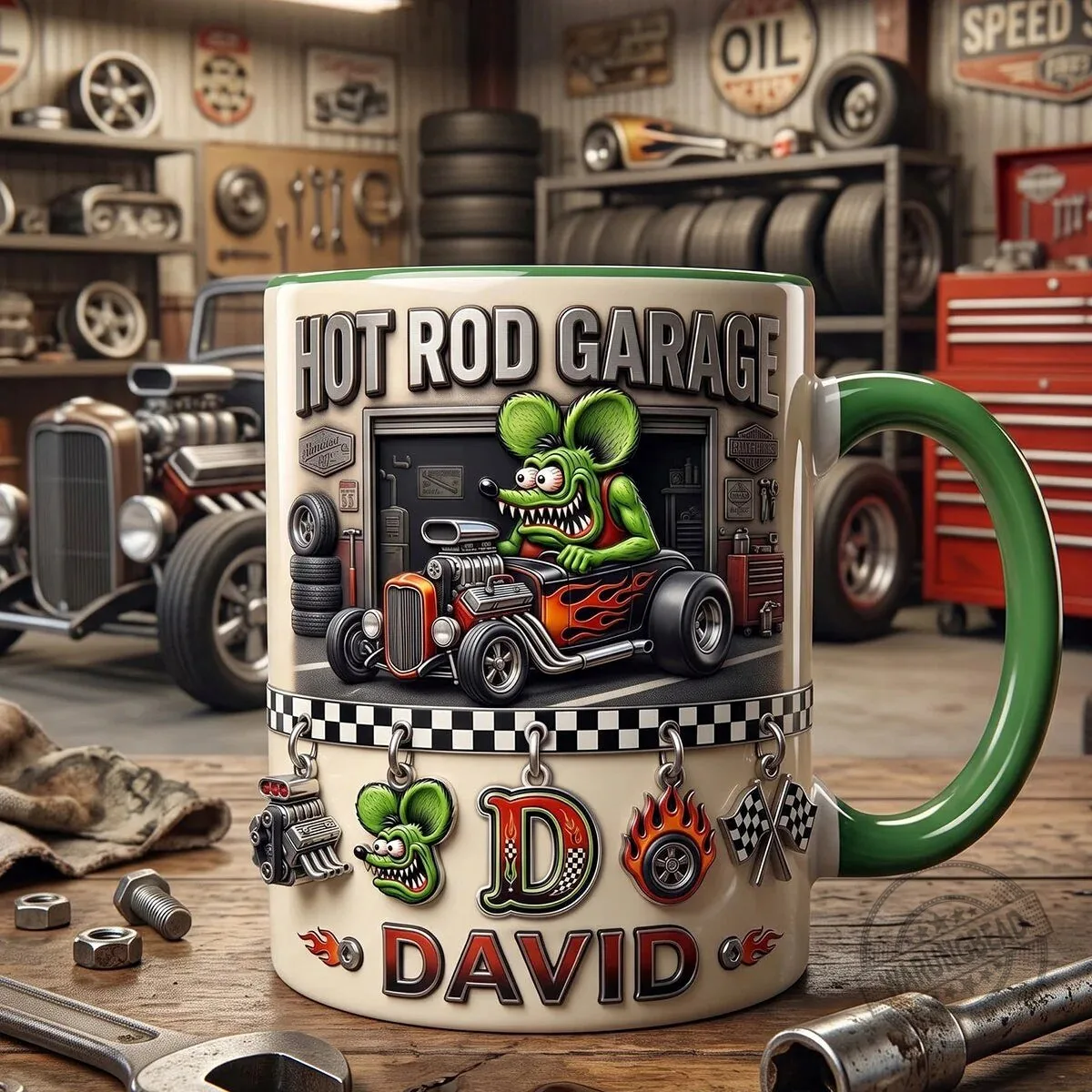 Rat Fink Hot Rod Garage Personalized Accent Mug 10 Rat Fink Hot Rod Garage Personalized Accent Mug