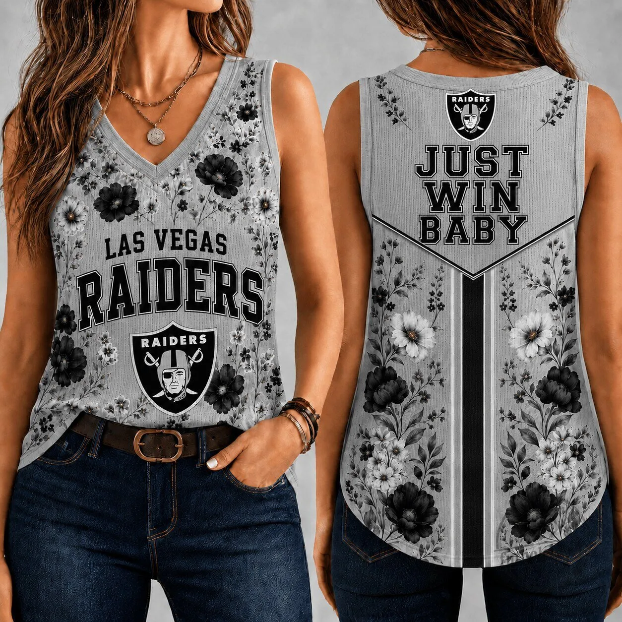 Las Vegas Raiders Floral V-Neck Tank Top for Women, Just Win Baby NFL Fan Apparel