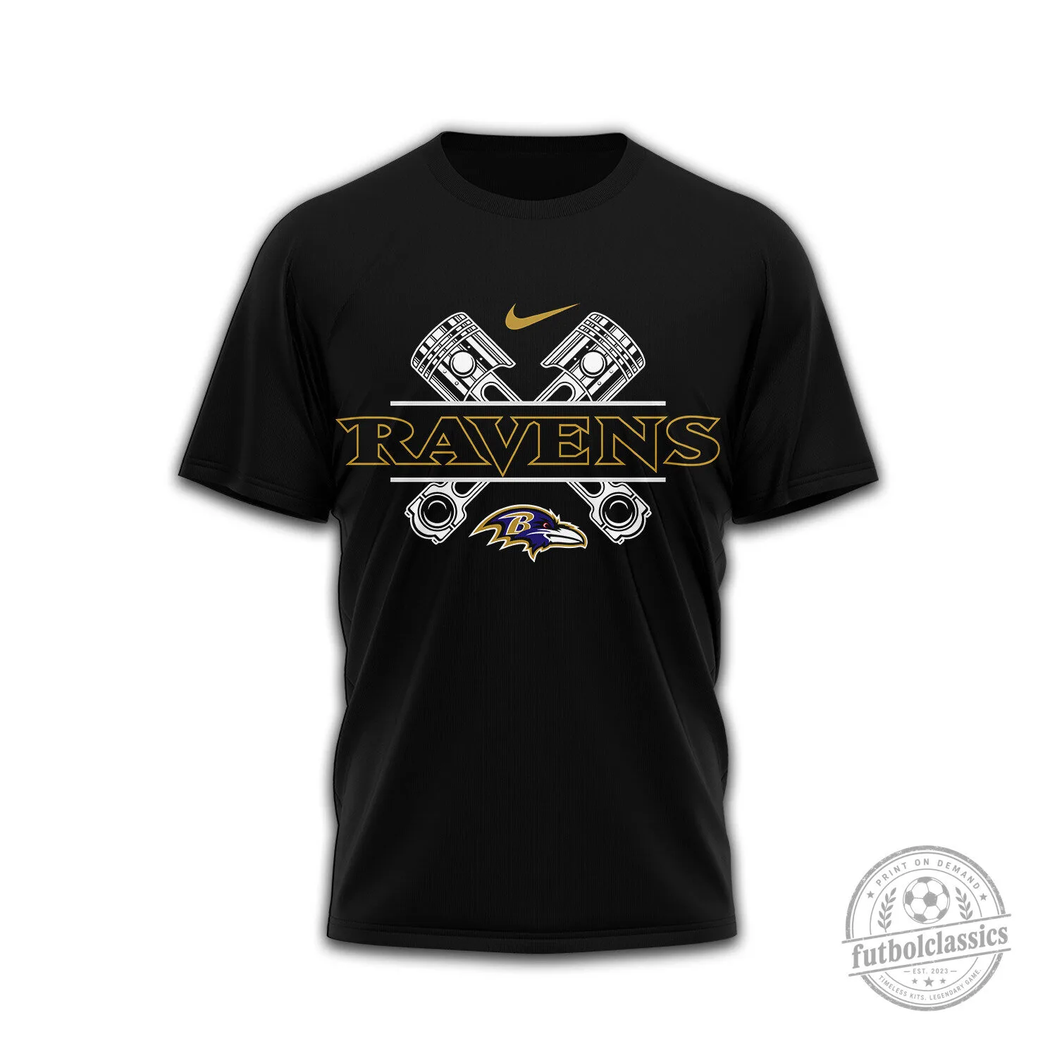 Baltimore Ravens NFL Team Logo Piston Engine Graphic Black T-Shirt