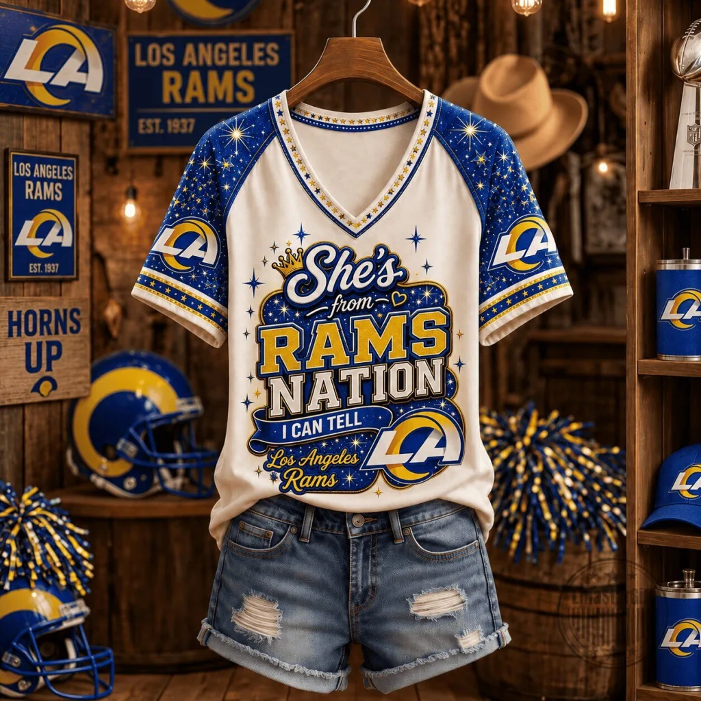 Los Angeles Rams NFL Fan Gift She's From Rams Nation V-Neck T-Shirt Los Angeles Rams NFL Fan Gift She's From Rams Nation V-Neck T-Shirt