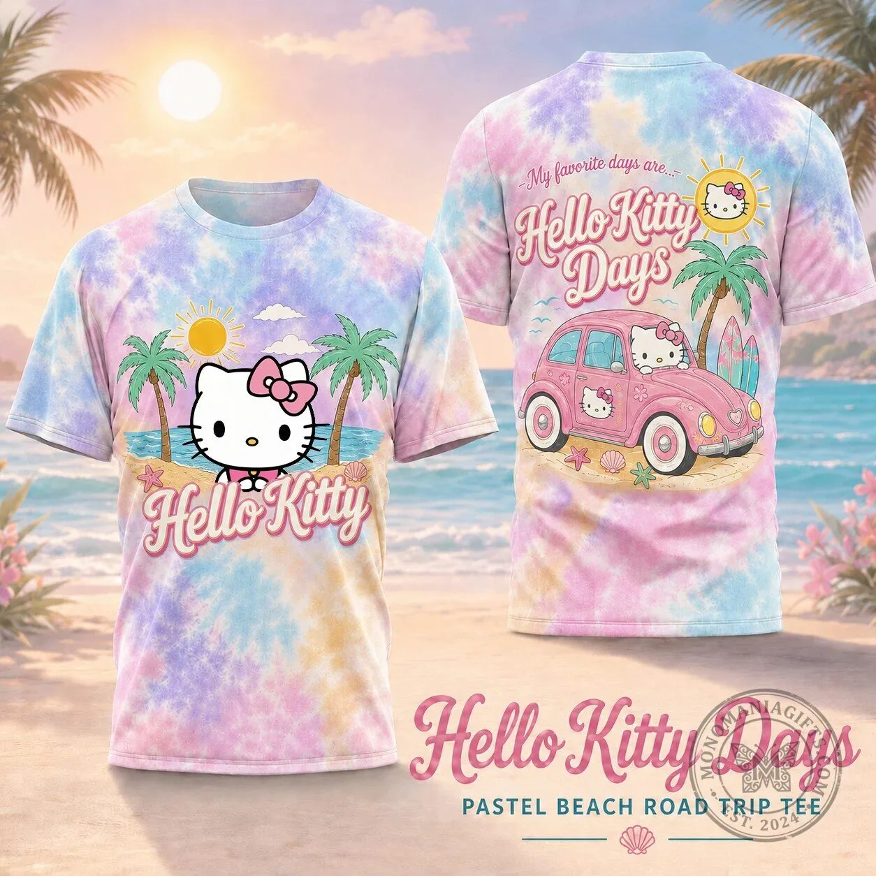 Hello Kitty Road Trip Shirt Pastel Tie Dye Beach Scene T-Shirt