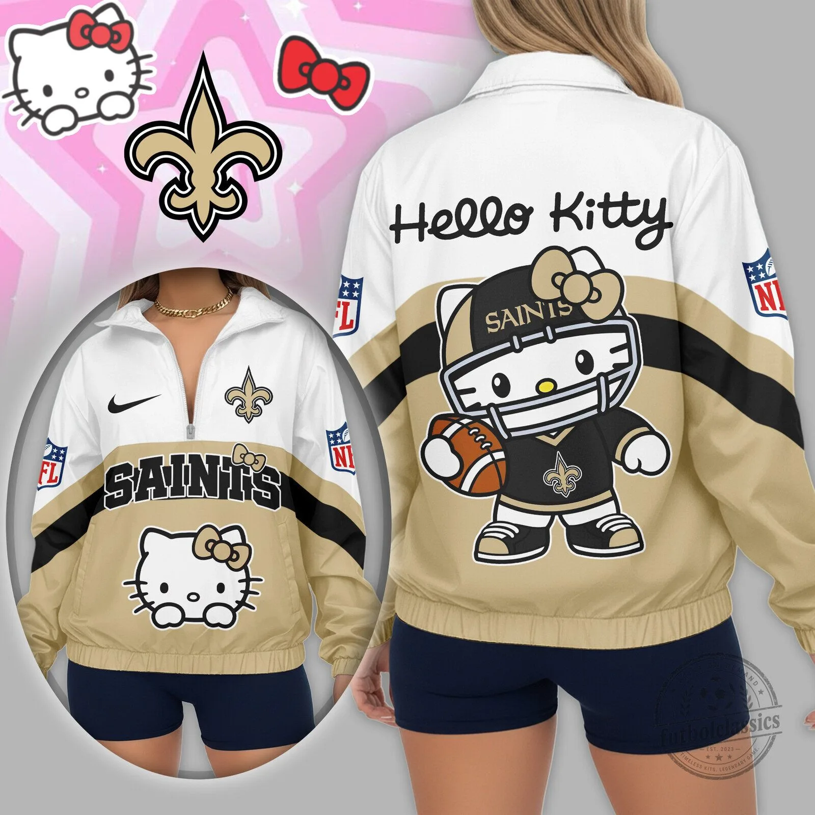 New Orleans Saints Hello Kitty Football Fan Quarter-Zip Jacket