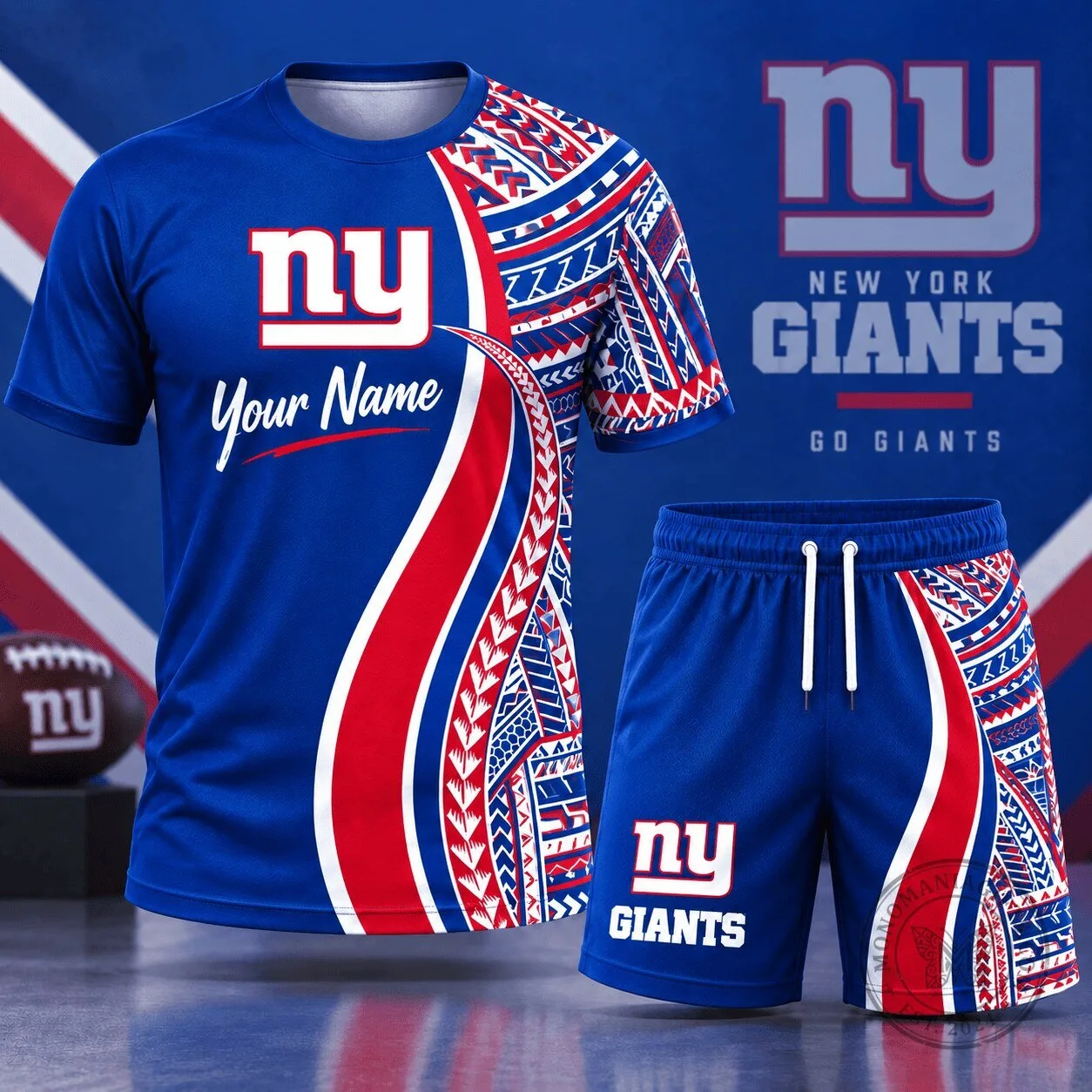 New York Giants Tribal Pattern Custom Name Football Fan T-Shirt and Shorts Set 1 New York Giants Tribal Pattern Custom Name Football Fan T-Shirt and Shorts Set